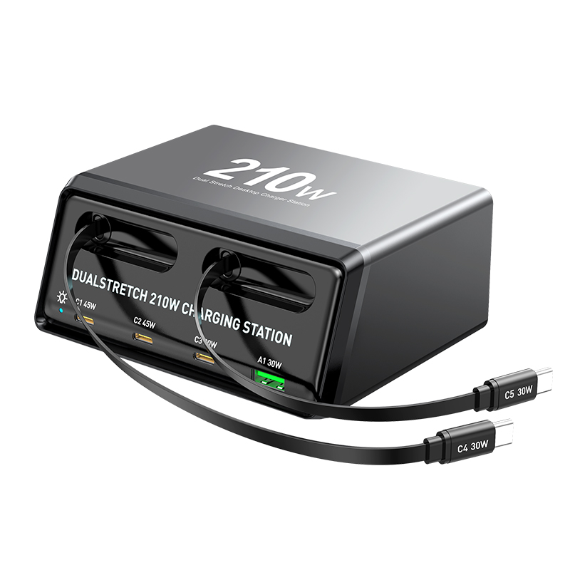 Incarcator Statie Cu Cablu USB-C OEM WLX-60E, 210W, 3A, 1 x USB-A - 3 x USB-C, Gri