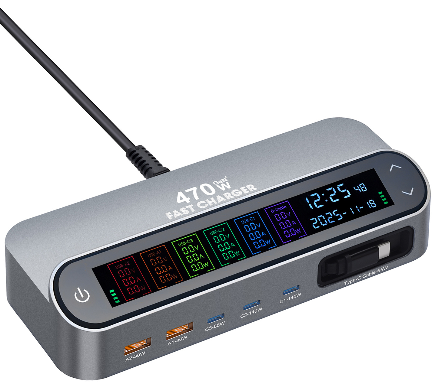 Incarcator Statie Cu Cablu USB-C OEM LCD470W, 470W, 5A, 2 x USB-A - 3 x USB-C, Gri