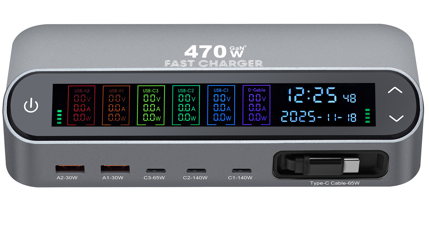 Incarcator Statie Cu Cablu USB-C OEM LCD470W, 470W, 5A, 2 x USB-A - 3 x USB-C, Gri