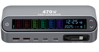 Incarcator Statie Cu Cablu USB-C OEM LCD470W, 470W, 5A, 2 x USB-A - 3 x USB-C, Gri