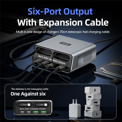 Incarcator Statie Cu Cablu USB-C OEM WLX-60C, 130W, 2 x USB-A - 2 x USB-C, Gri