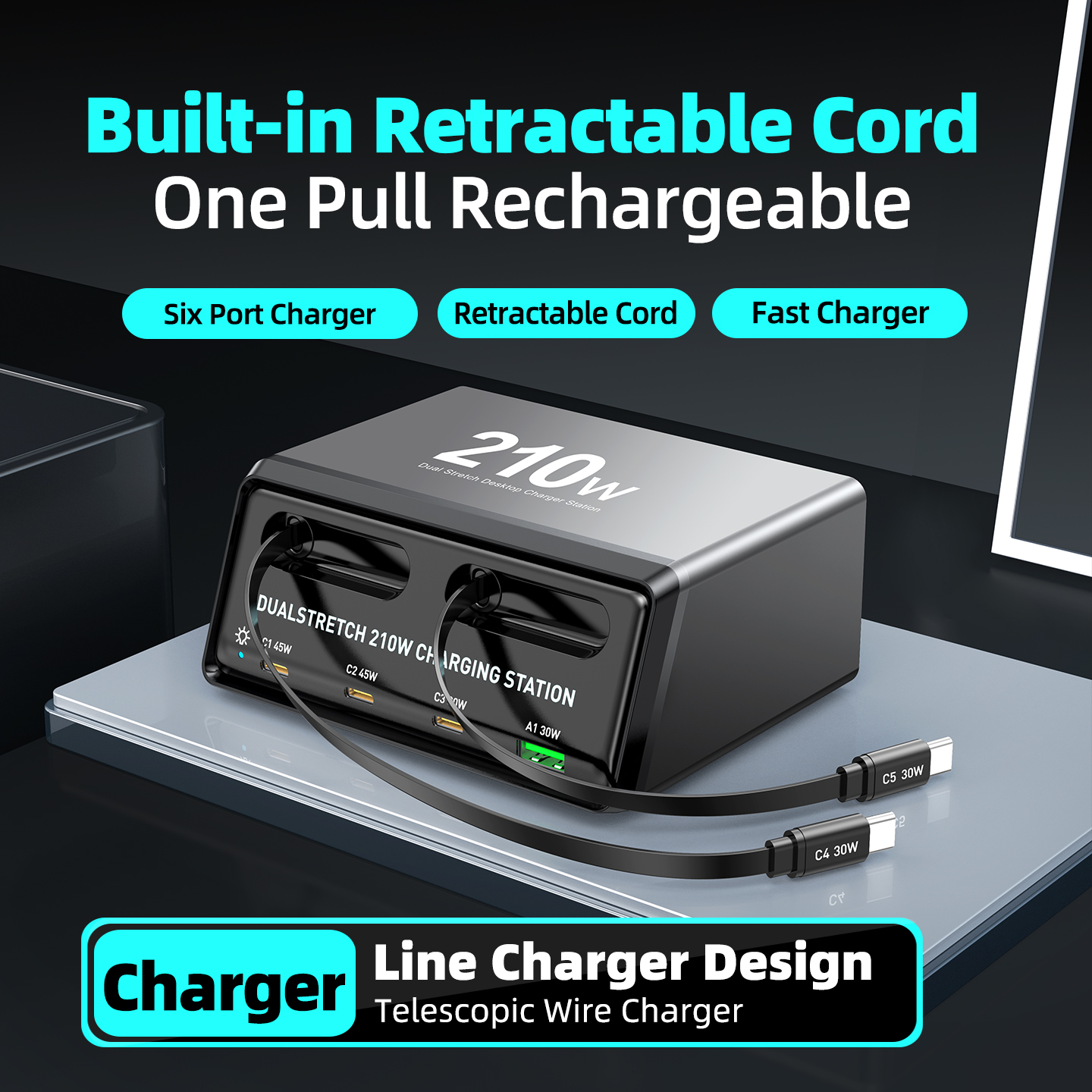Incarcator Statie Cu Cablu USB-C OEM WLX-60E, 210W, 3A, 1 x USB-A - 3 x USB-C, Gri