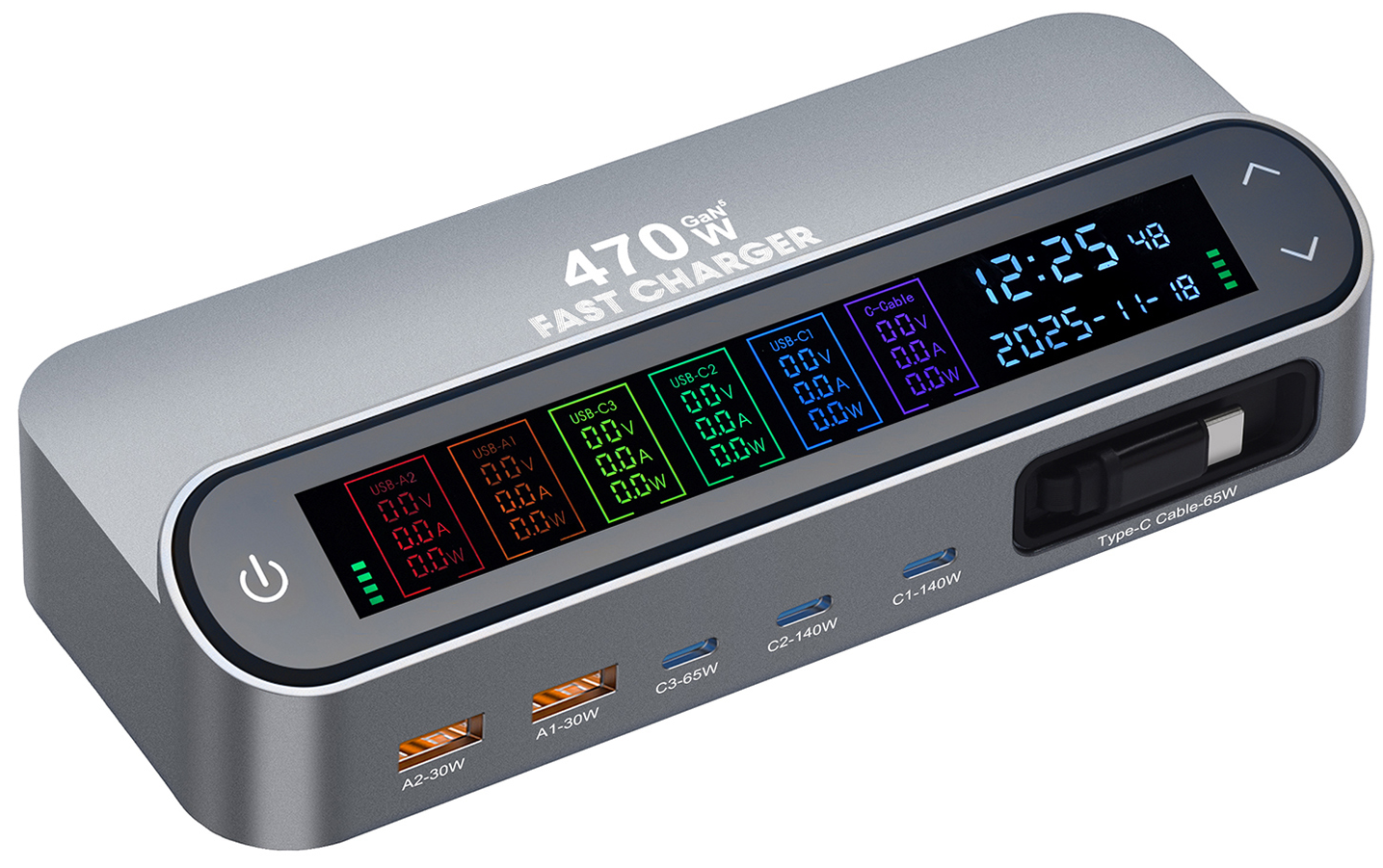 Incarcator Statie Cu Cablu USB-C OEM LCD470W, 470W, 5A, 2 x USB-A - 3 x USB-C, Gri