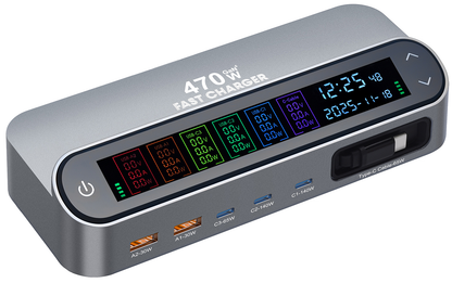 Incarcator Statie Cu Cablu USB-C OEM LCD470W, 470W, 5A, 2 x USB-A - 3 x USB-C, Gri
