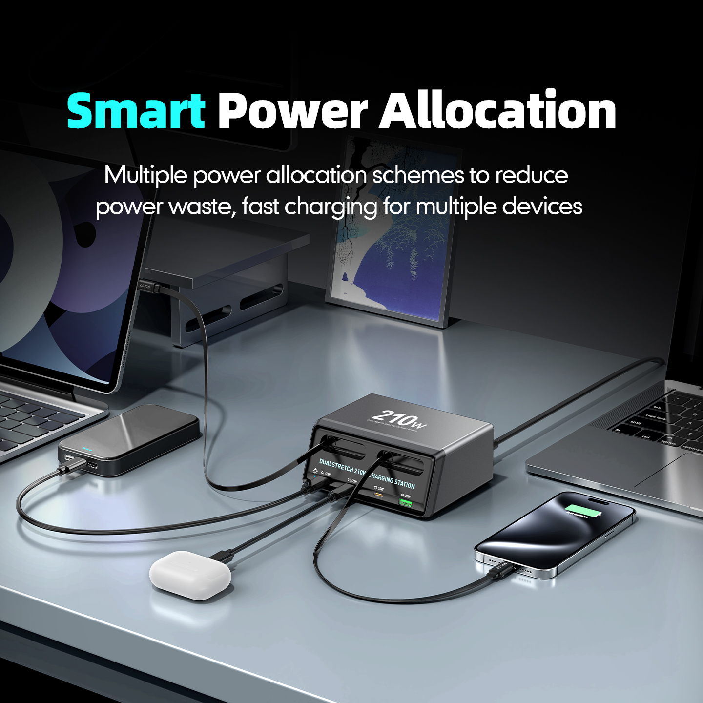 Incarcator Statie Cu Cablu USB-C OEM WLX-60E, 210W, 3A, 1 x USB-A - 3 x USB-C, Gri