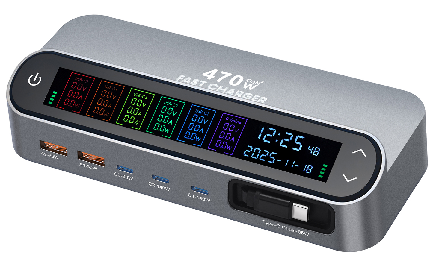 Incarcator Statie Cu Cablu USB-C OEM LCD470W, 470W, 5A, 2 x USB-A - 3 x USB-C, Gri