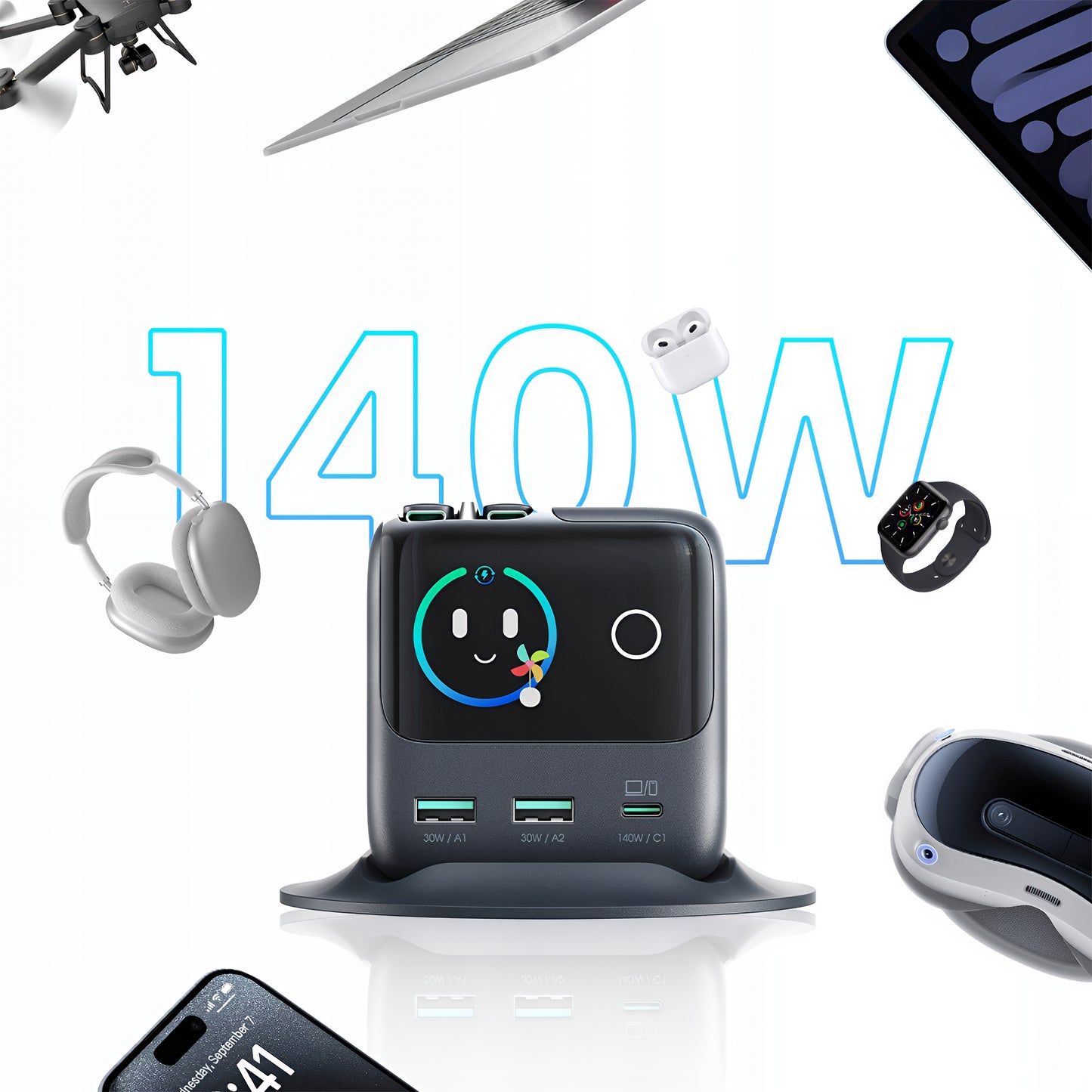 Incarcator Statie Cu Cablu USB-C Joyroom Podix JR-TRD01, 140W, 1 x USB-C - 2 x USB-A, Gri