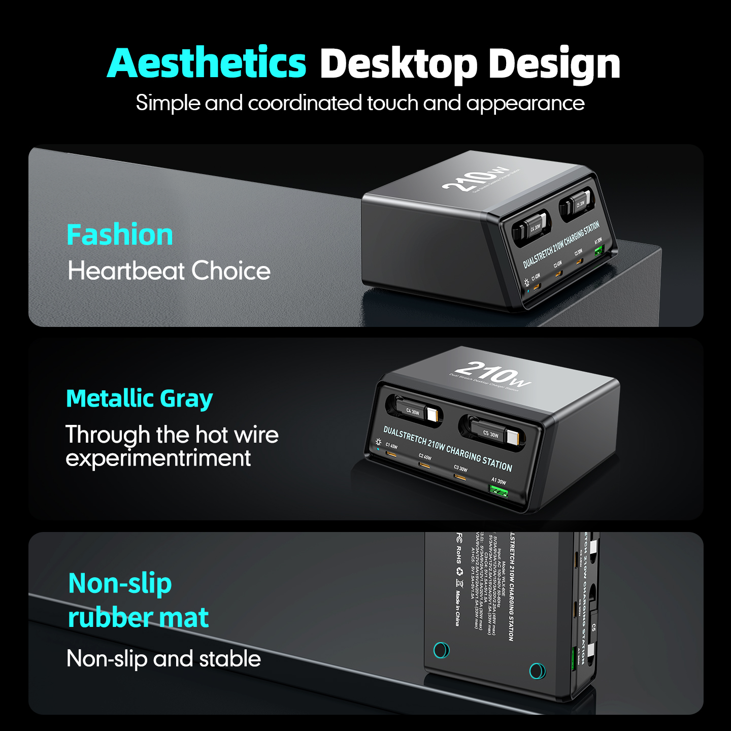 Incarcator Statie Cu Cablu USB-C OEM WLX-60E, 210W, 3A, 1 x USB-A - 3 x USB-C, Gri