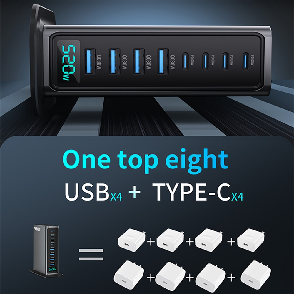 Incarcator Statie OEM, 520W, 5A, 4 x USB-A - 4 x USB-C, Gri