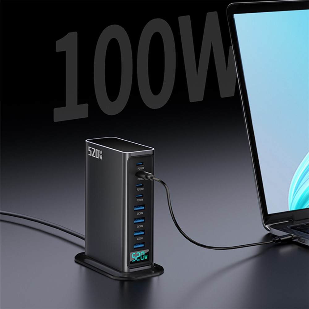 Incarcator Statie OEM, 520W, 5A, 4 x USB-A - 4 x USB-C, Gri