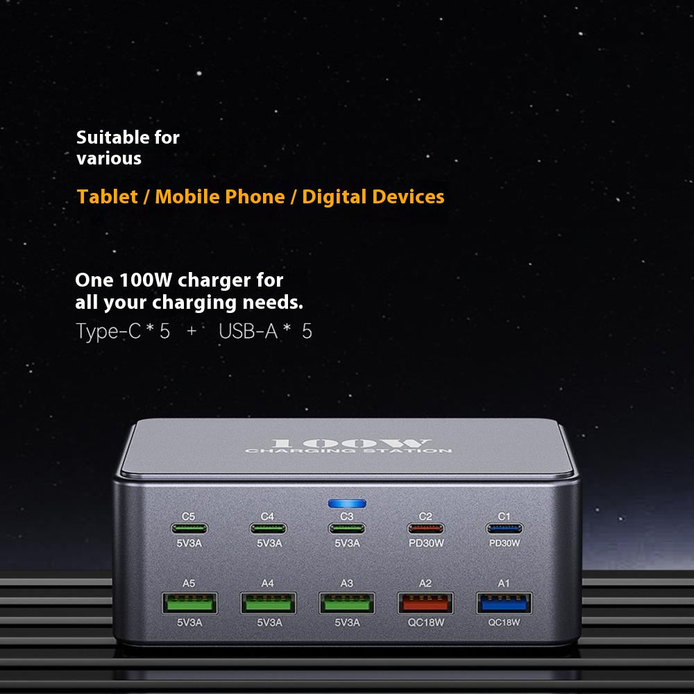 Incarcator Statie OEM HW33, 100W, 3A, 5 x USB-A - 5 x USB-C, Gri