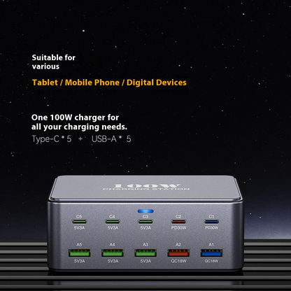 Incarcator Statie OEM HW33, 100W, 3A, 5 x USB-A - 5 x USB-C, Gri