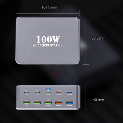Incarcator Statie OEM HW33, 100W, 3A, 5 x USB-A - 5 x USB-C, Gri