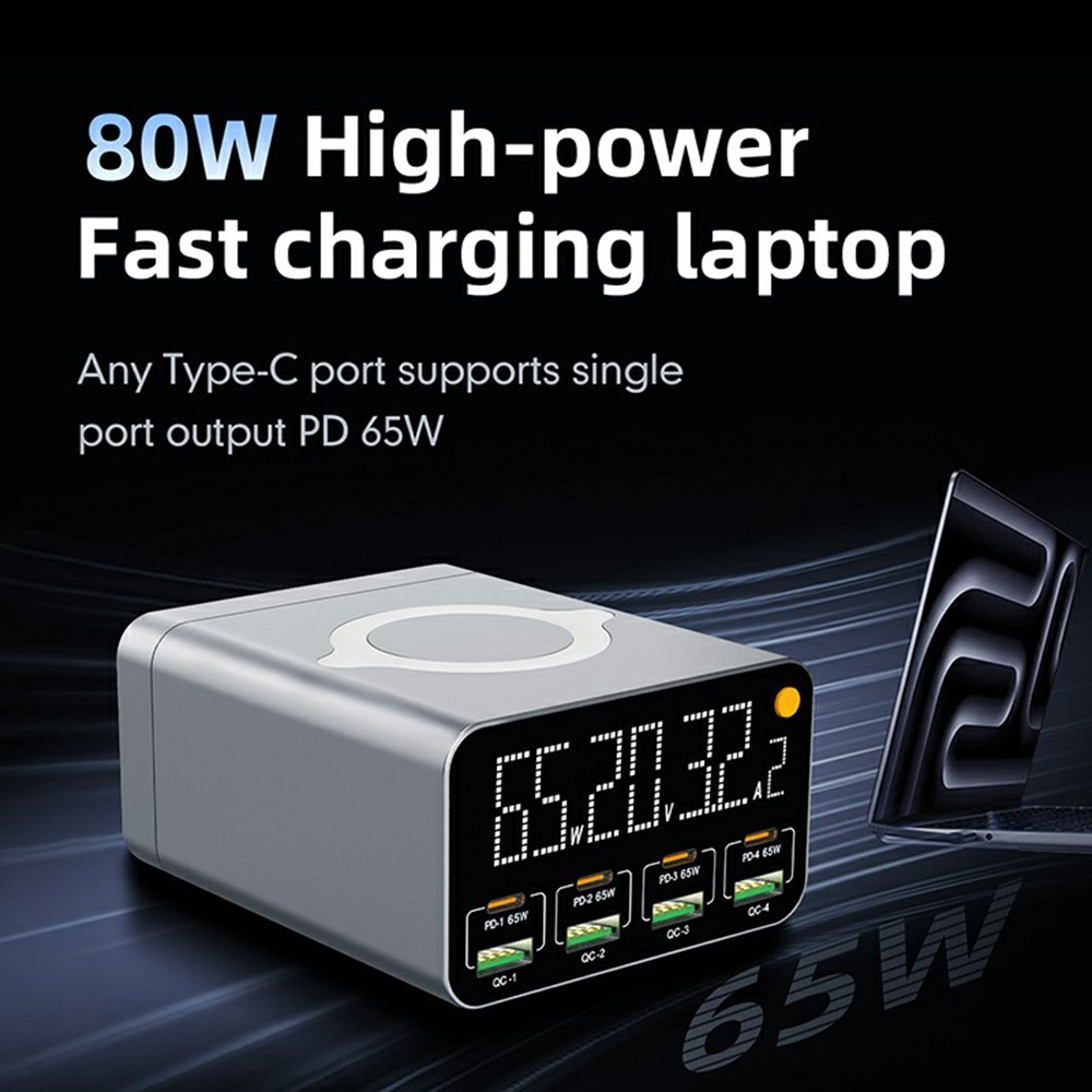 Incarcator Statie OEM WLX-M3 QI, 80W, 4 x USB-A - 4 x USB-C, Gri