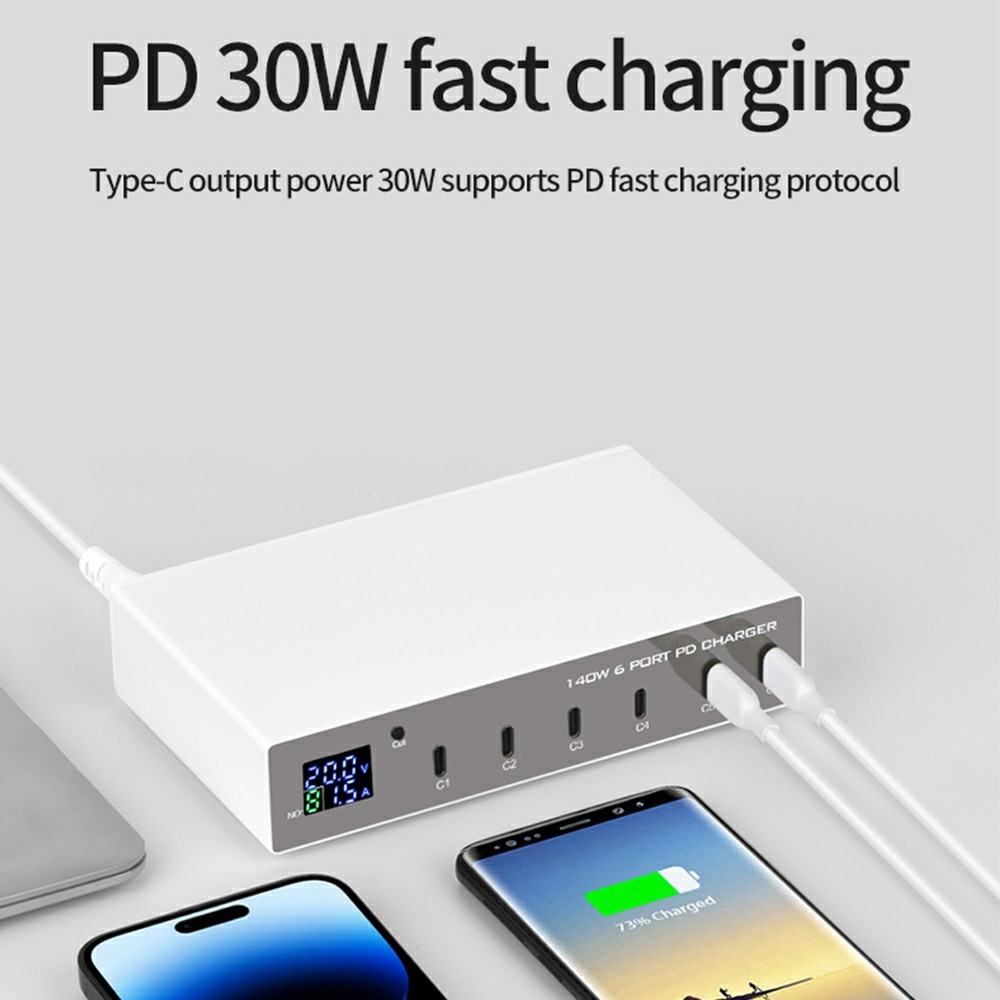 Incarcator Statie OEM WLX-X6P, 140W, 3A, 6 x USB-C, Argintiu