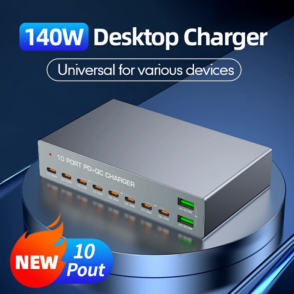 Incarcator Statie OEM WLX-X6Y, 140W, 5A, 2 x USB-A - 8 x USB-C, Argintiu