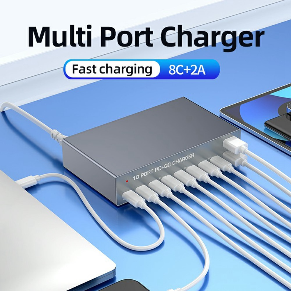 Incarcator Statie OEM WLX-X6Y, 140W, 5A, 2 x USB-A - 8 x USB-C, Argintiu