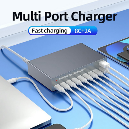 Incarcator Statie OEM WLX-X6Y, 140W, 5A, 2 x USB-A - 8 x USB-C, Argintiu