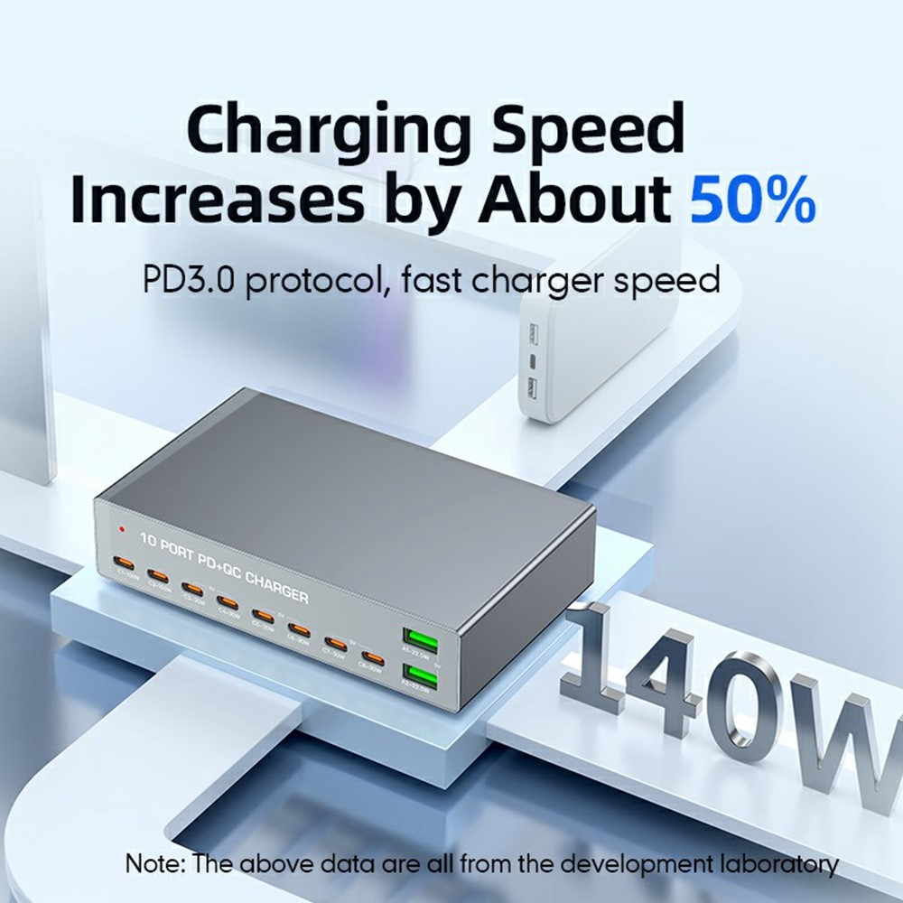 Incarcator Statie OEM WLX-X6Y, 140W, 5A, 2 x USB-A - 8 x USB-C, Argintiu