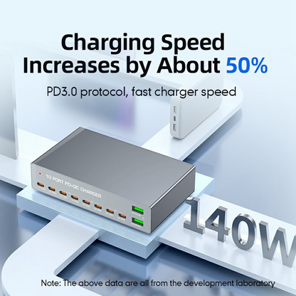 Incarcator Statie OEM WLX-X6Y, 140W, 5A, 2 x USB-A - 8 x USB-C, Argintiu