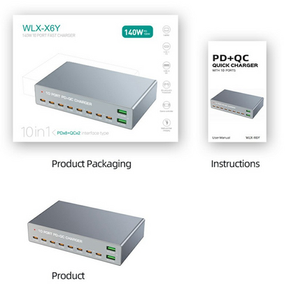 Incarcator Statie OEM WLX-X6Y, 140W, 5A, 2 x USB-A - 8 x USB-C, Argintiu