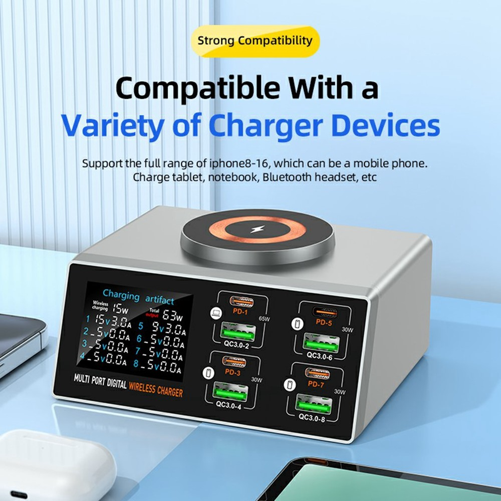 Incarcator Statie OEM WLX-X9S QI, 140W, 3A, 4 x USB-A - 4 x USB-C, Argintiu