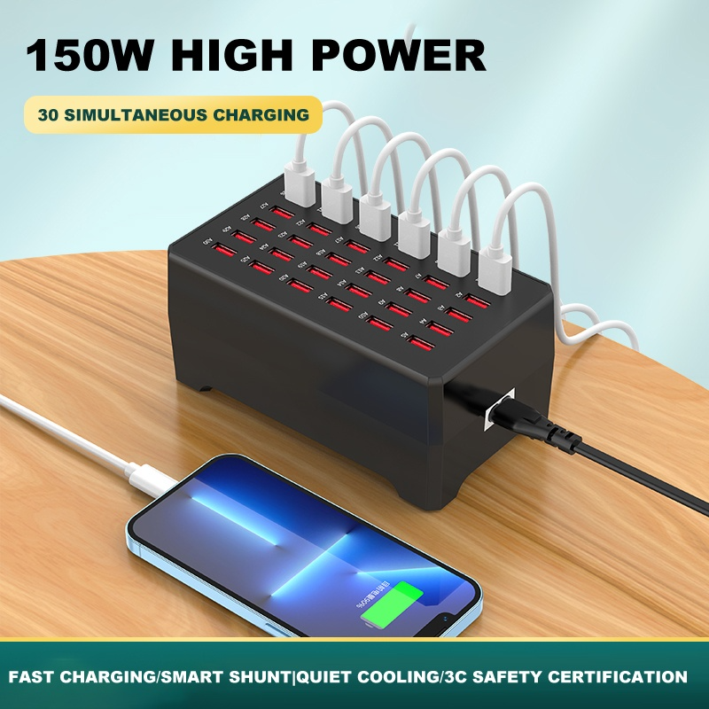 Incarcator Statie OEM WT-268, 150W, 2.4A, 30 x USB-A, Negru