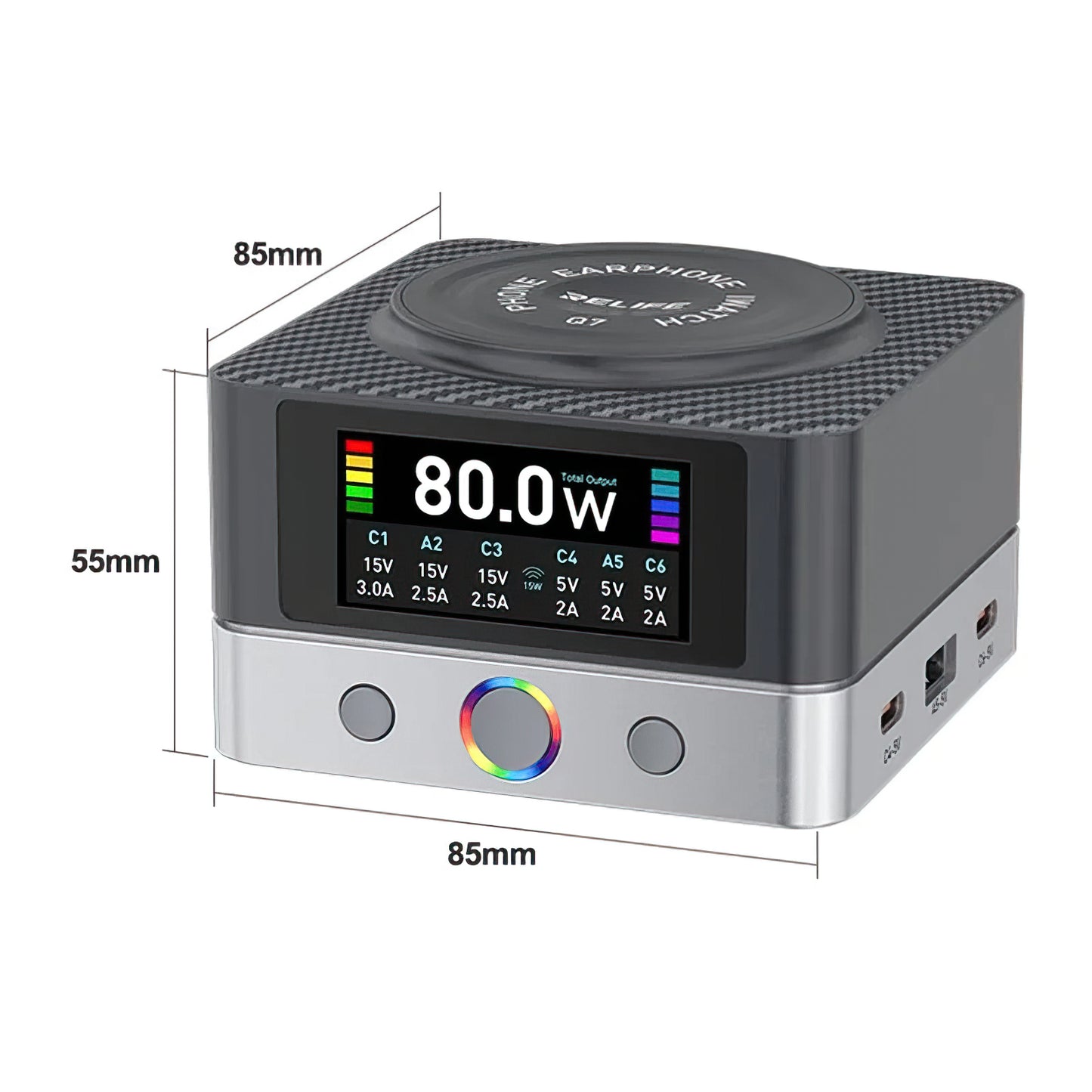 Incarcator Statie Relife Q7 QI, 80W, 3.25A, 2 x USB-A - 4 x USB-C, Gri