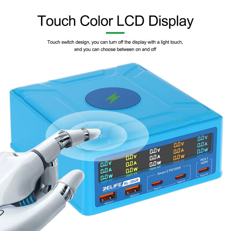 Incarcator Statie Relife RL-304R QI, 260W, 3A, 2 x USB-A - 3 x USB-C, Albastru