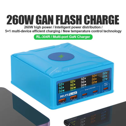 Incarcator Statie Relife RL-304R QI, 260W, 3A, 2 x USB-A - 3 x USB-C, Albastru