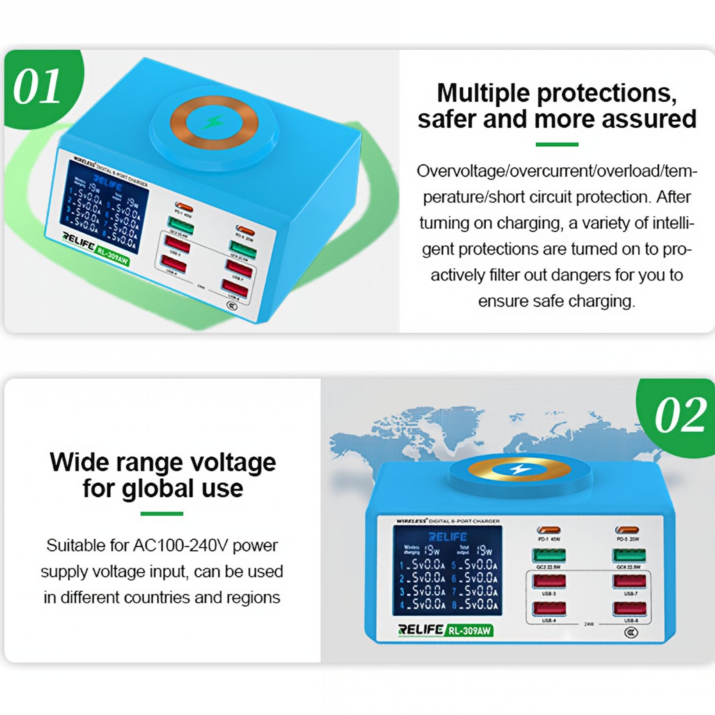 Incarcator Statie Relife RL-309AW, 100W, 5A, 2 x USB-C - 6 x USB-A, Albastru