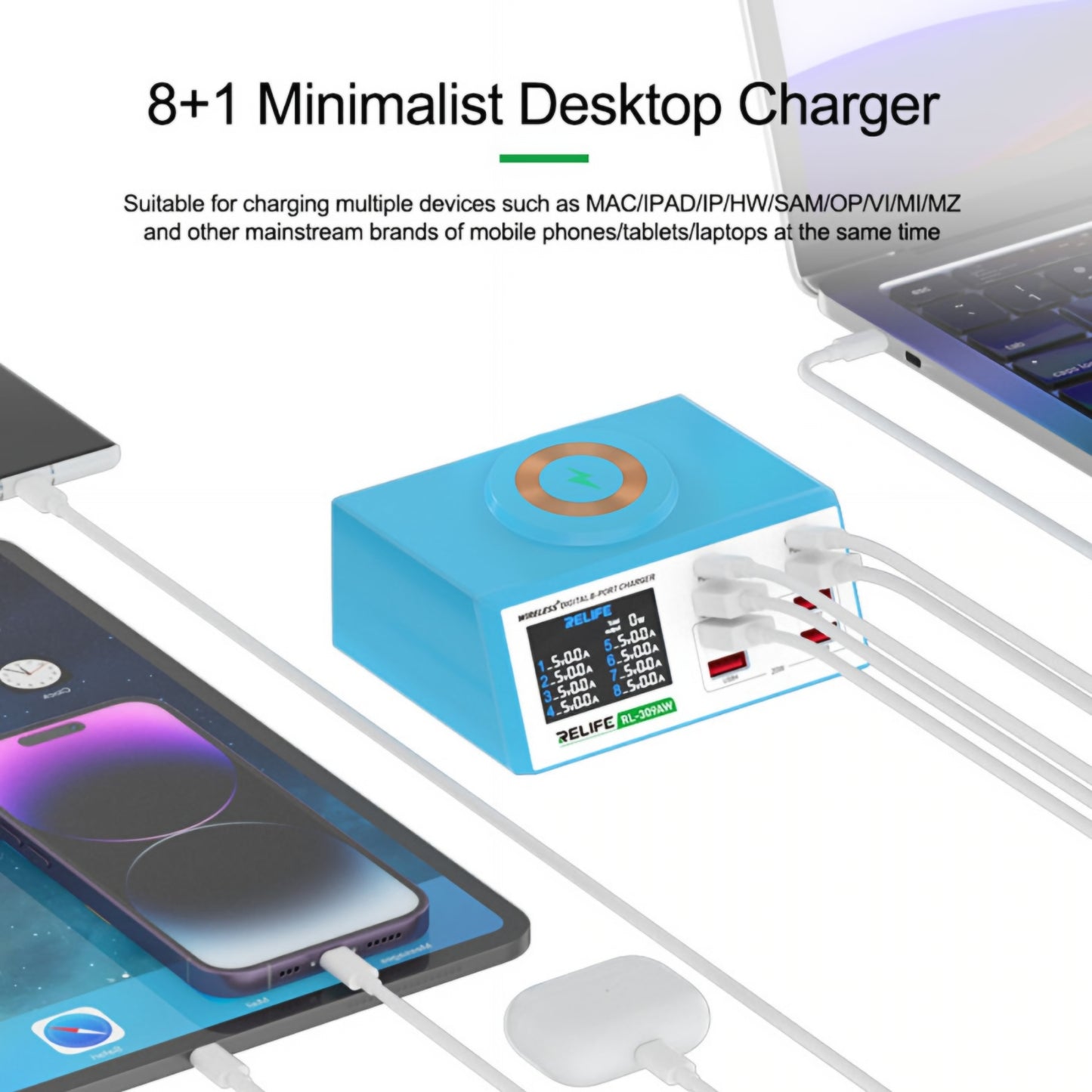 Incarcator Statie Relife RL-309AW, 100W, 5A, 2 x USB-C - 6 x USB-A, Albastru