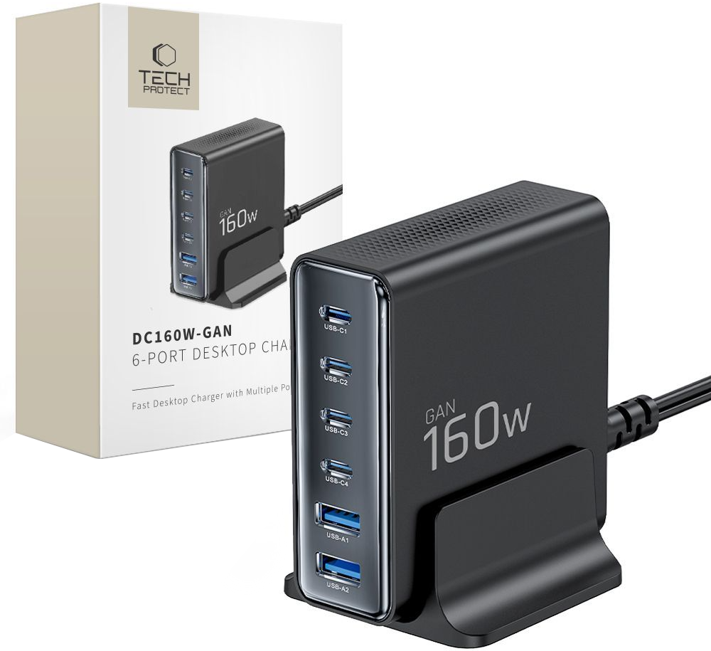 Incarcator Statie Tech-Protect DC160W-GAN, 160W, 5A, 2 x USB-A - 4 x USB-C, Negru