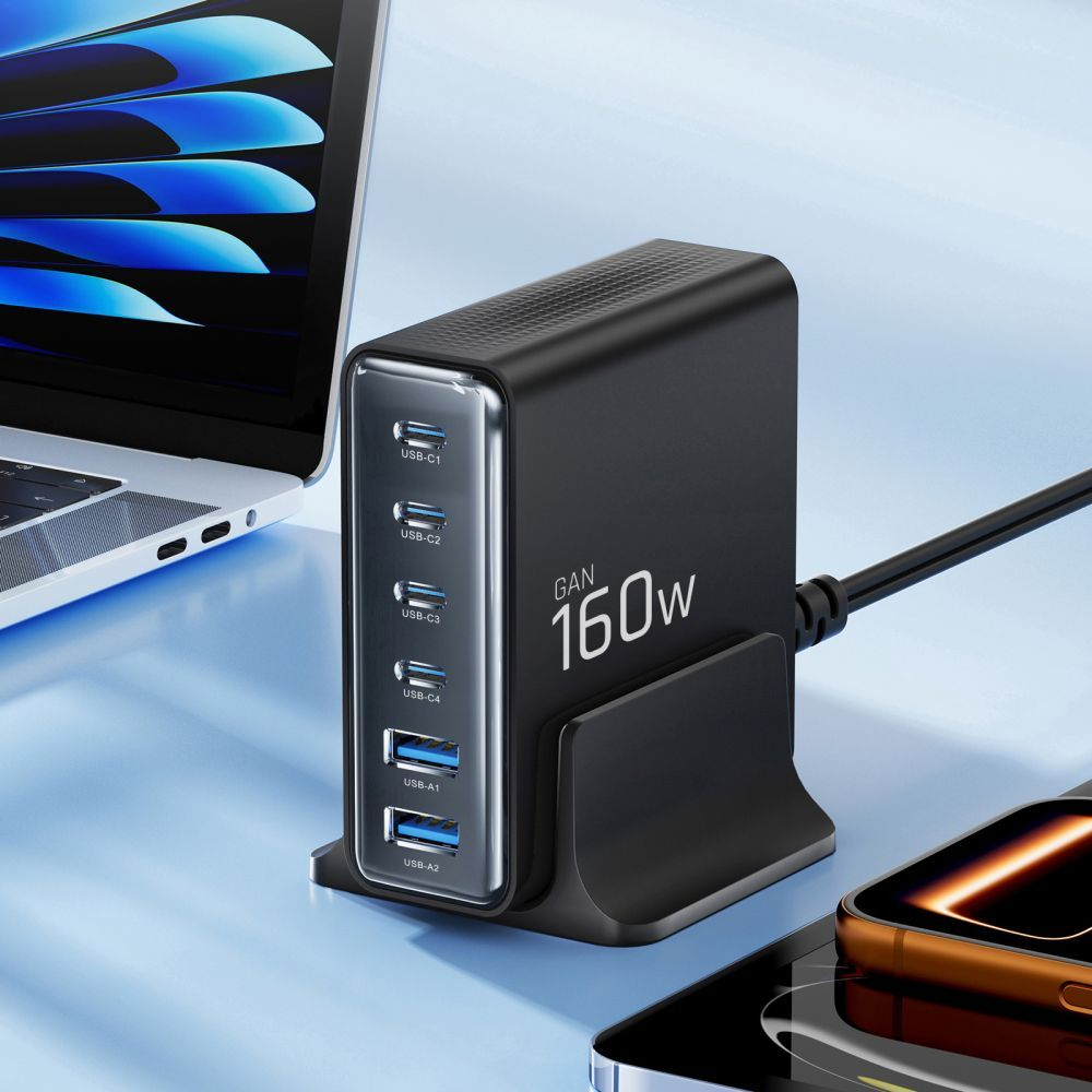 Incarcator Statie Tech-Protect DC160W-GAN, 160W, 5A, 2 x USB-A - 4 x USB-C, Negru