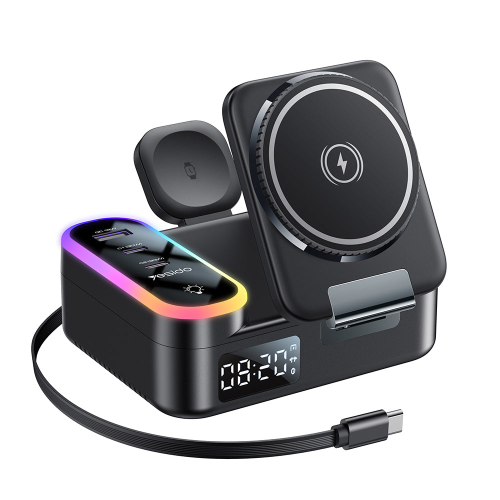 Incarcator Statie Yesido DS38 Display QI 3in1, 65W, 3A, 1 x USB-A  - 2 x USB-C, Negru