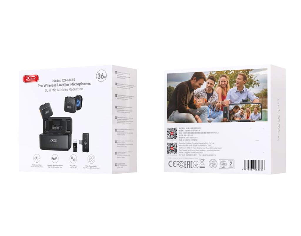 Lavaliera XO Design MC15 Dual, USB-C / Lightning, Set 2 bucati, Neagra