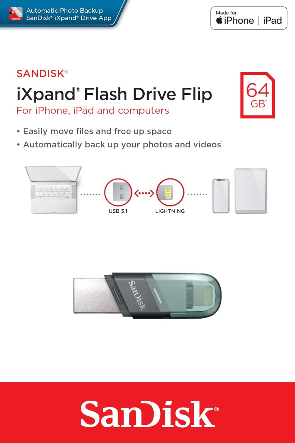 Memorie Externa USB-A 3.1 / Lightning SanDisk iXpand Flip, 64Gb SDIX90N-064G-GN6NN