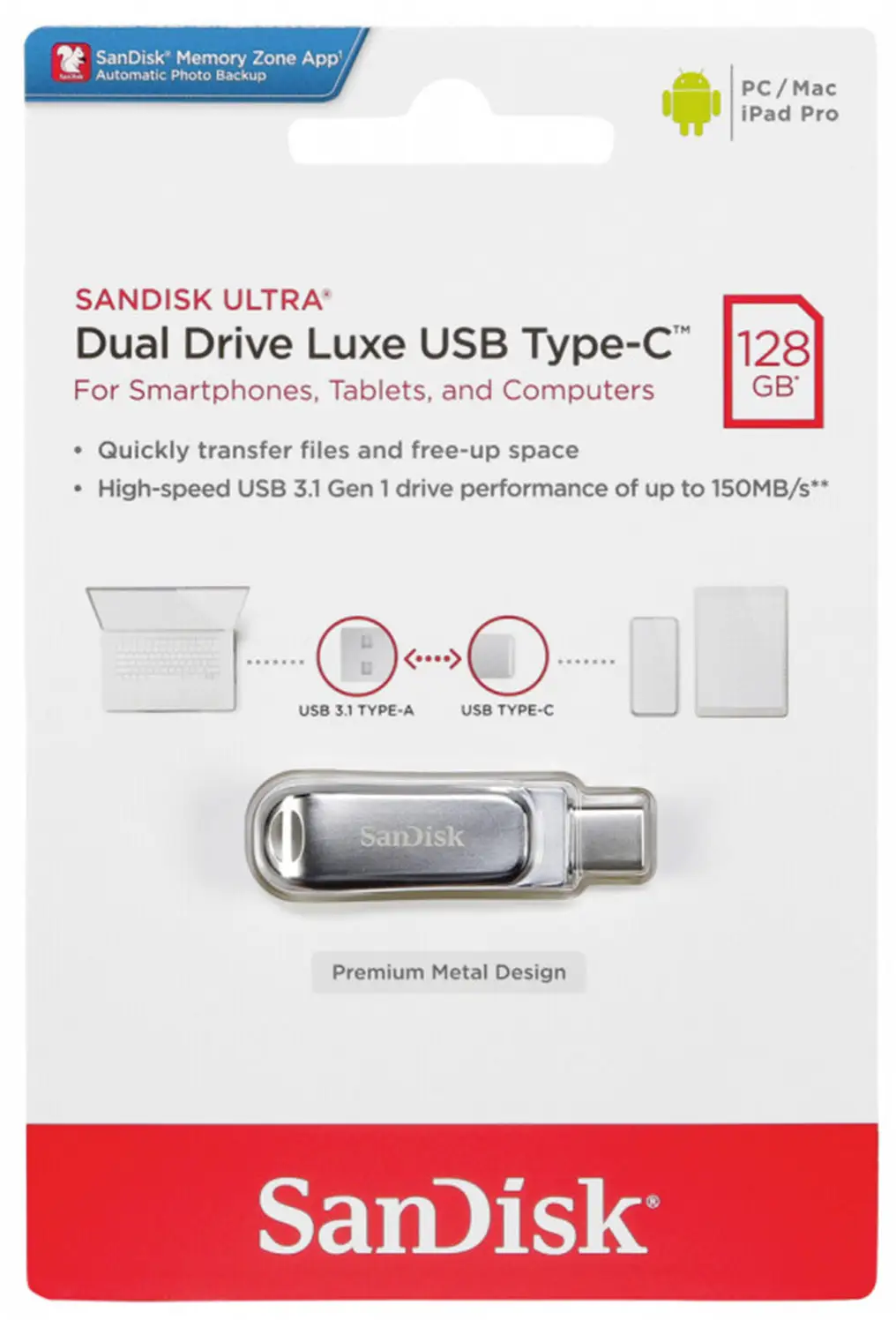 Memorie Externa USB-A 3.2 / USB-C SanDisk Ultra Luxe Dual Drive, 128Gb SDDDC4-128G-G46