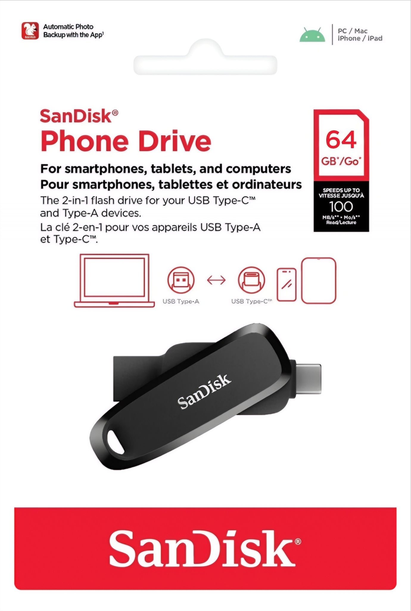 Memorie Externa USB-A 3.2 / USB-C SanDisk Phone Drive, 64Gb SDDDC6-064G-G46
