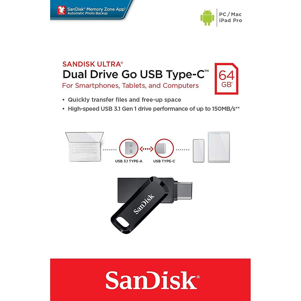 Memorie Externa USB-A 3.2 / USB-C SanDisk Ultra Dual Go, 64Gb SDDDC3-064G-G46
