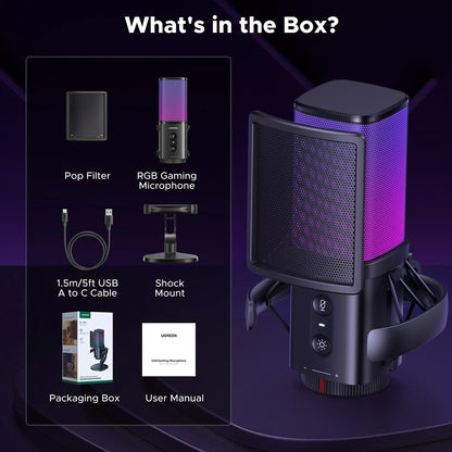 Microfon Cardioid UGREEN  CM581 (65629), RGB, USB-C, 1.5m, Negru