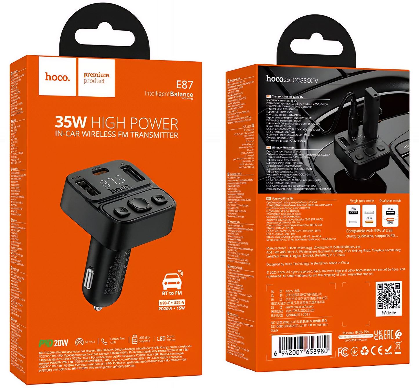 Modulator FM Bluetooth HOCO E87, 2 x USB-A - 1 x USB-C