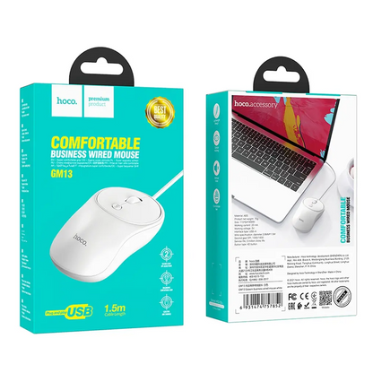 Mouse Wired USB HOCO GM13, 1600DPI, Alb