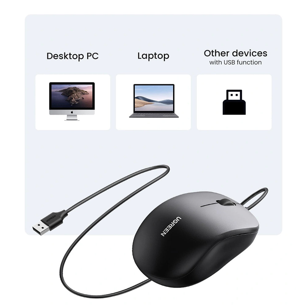Mouse Wired USB UGREEN MU007, 1200DPI, 1.5m, Negru