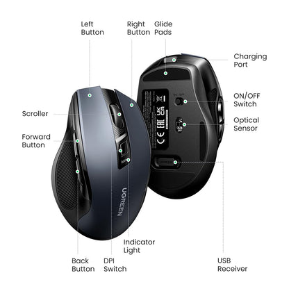 Mouse Wireless UGREEN MU006S (85082), 4000DPI, BT / Wi-Fi, Gri