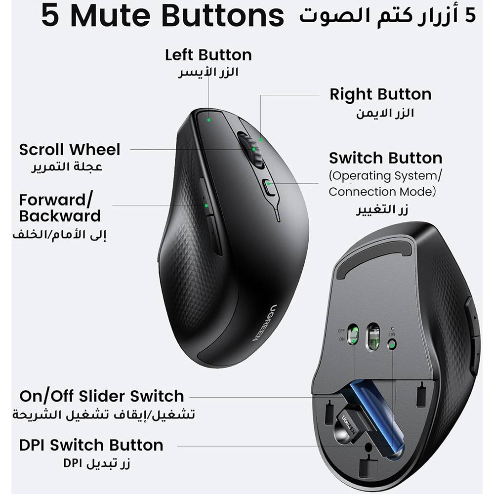 Mouse Wireless UGREEN MU101, 4000DPI, BT / Wi-Fi, Negru