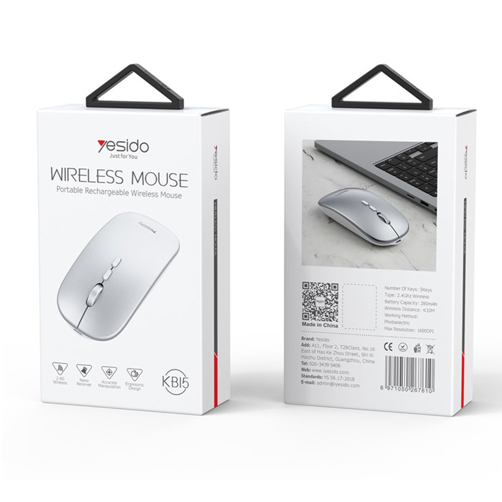 Mouse Wireless Yesido KB15, 800DPI - 1600DPI, Argintiu