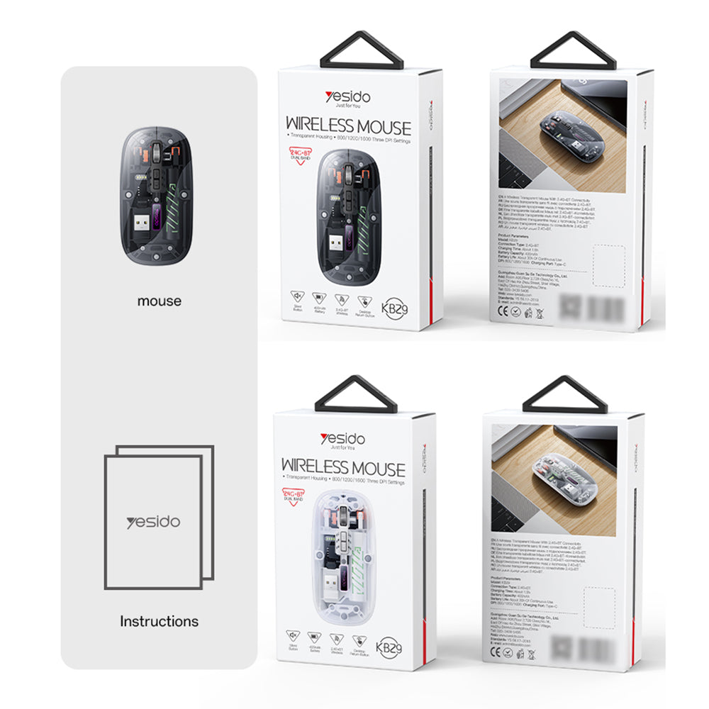 Mouse Wireless Yesido KB29, 800DPI - 1600DPI, BT / Wi-Fi, Alb