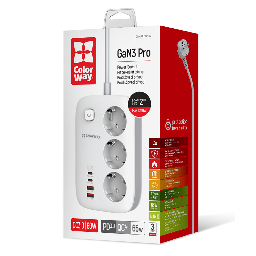 Prelungitor ColorWay, 3 x Schuko, Alb