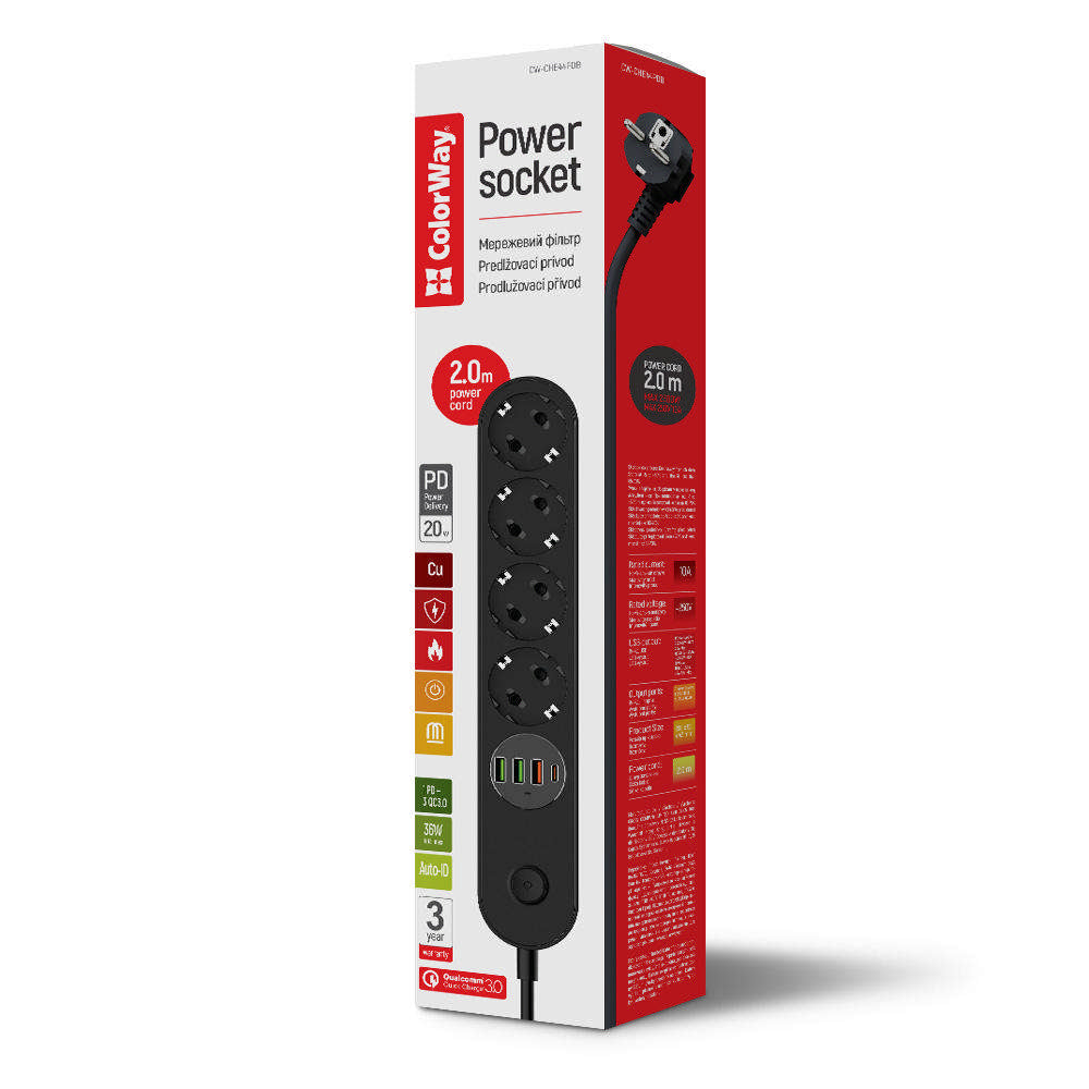 Prelungitor ColorWay, 4 x Schuko, Negru